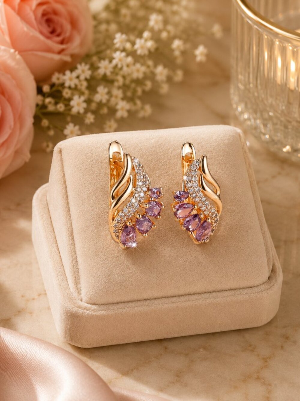 Gold & Lavender Crystal Leaf Drop Earrings Leverback NWT